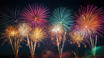 Multicolored fireworks exploding in night sky.