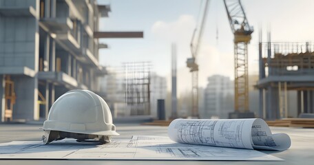 Construction site with building, cranes and equipment on light background. A helmet is placed next to it. 