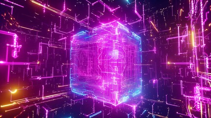 Obraz premium A Futuristic Visualization of a Neon Cube in Digital Space