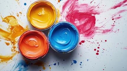 Colorful paint containers on a splattered background for artistic use.