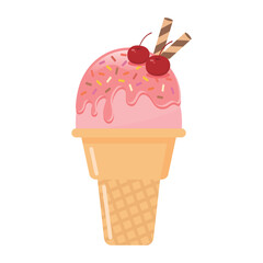Cherry ice cream cone with wafer rolls vector illustration. Fresh fruit and sweet dessert.