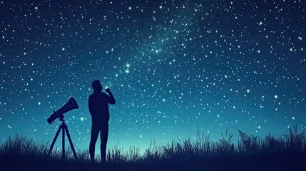 Silhouette of a man standing in a field at night with a telescope and looking at the stars