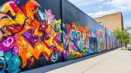 Colorful graffiti art on brick wall.