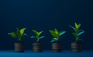 Green plants growing on stacks of coins, dark blue background, 