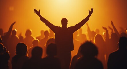 Live Inspiration: A Man Standing with Arms Raised in a Concert Crowd, Filled with Energy
