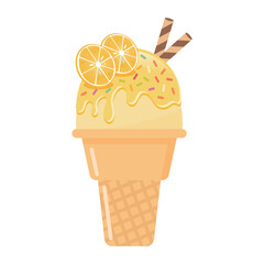 Orange ice cream cone with wafer rolls vector illustration. Fresh fruit and sweet dessert.