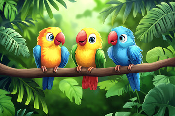 Three colorful cartoon parrots perched on a branch surrounded by lush green foliage.