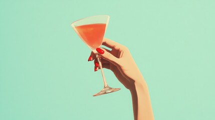 a vintage retro female hand holding a cocktail isolated on a plain background, 1960s and 70s style