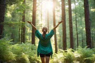 Fototapeten Woman embracing nature in lush green forest © Introvertia