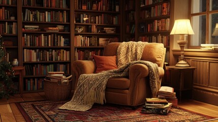 Cozy library nook with armchair, lamp, and books.