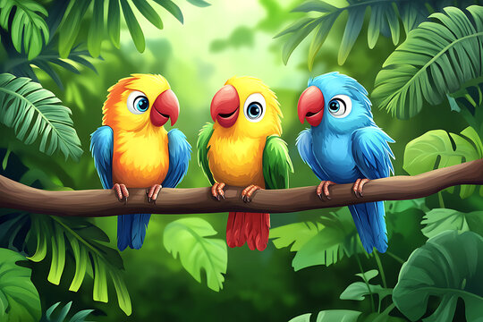 Three colorful cartoon parrots perched on a branch surrounded by lush green foliage.