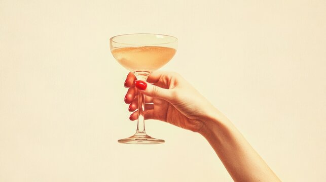 a vintage retro female hand holding a cocktail isolated on a plain background, 1960s and 70s style