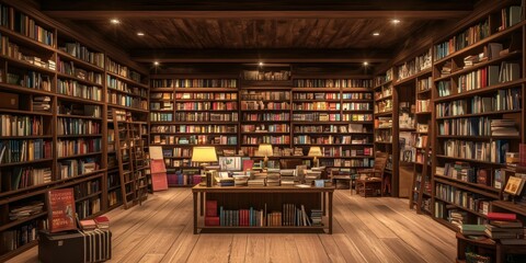 A wooden library filled with books.