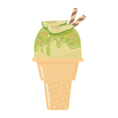 Avocado ice cream cone with wafer rolls vector illustration. Fresh fruit and sweet dessert.
