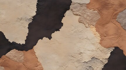 Abstract art style image featuring a patchwork of irregular shapes and textures consists of overlapping sections in earthy tones, including shades of brown, beige, cream, and black
