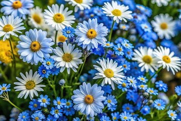Obraz premium Blue and white wildflowers blooming daisies and forget me not flowers from above high angle
