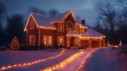 A beautifully decorated house illuminated with holiday lights in a snowy landscape.