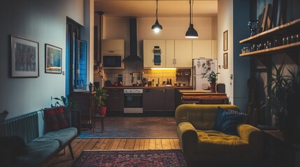 A cozy living room with a view into the kitchen, featuring a green sofa, a rug, and a wooden floor.