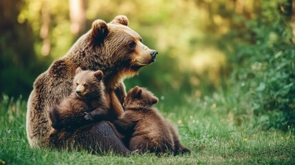 Obraz premium A mother brown bear sits with her two cubs in a grassy clearing in a forest.