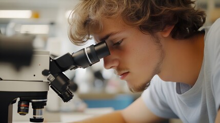 Fototapeta premium Young Man Looking Through a Microscope Lens