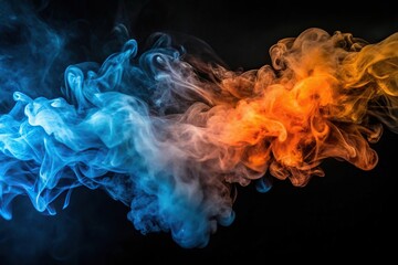 Abstract blue orange smoke steam on black background texture