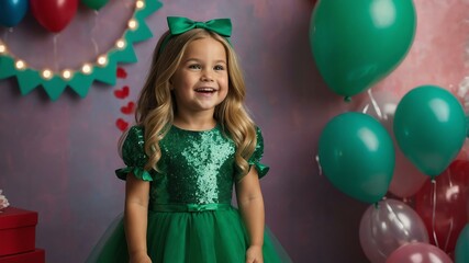 Fototapeta premium Female american girl in green attire on kids background