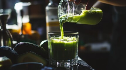 A close-up shot of a green smoothie being poured into a glass.