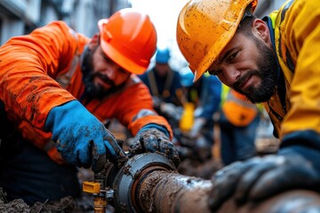 A team of construction workers collaborating to repair a pipeline at an industrial site, emphasizing teamwork, efficiency, and precision amidst challenging conditions.