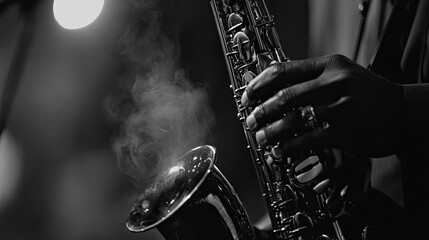 Obraz premium Close-up of a Saxophone Being Played with Smoke Surrounding It