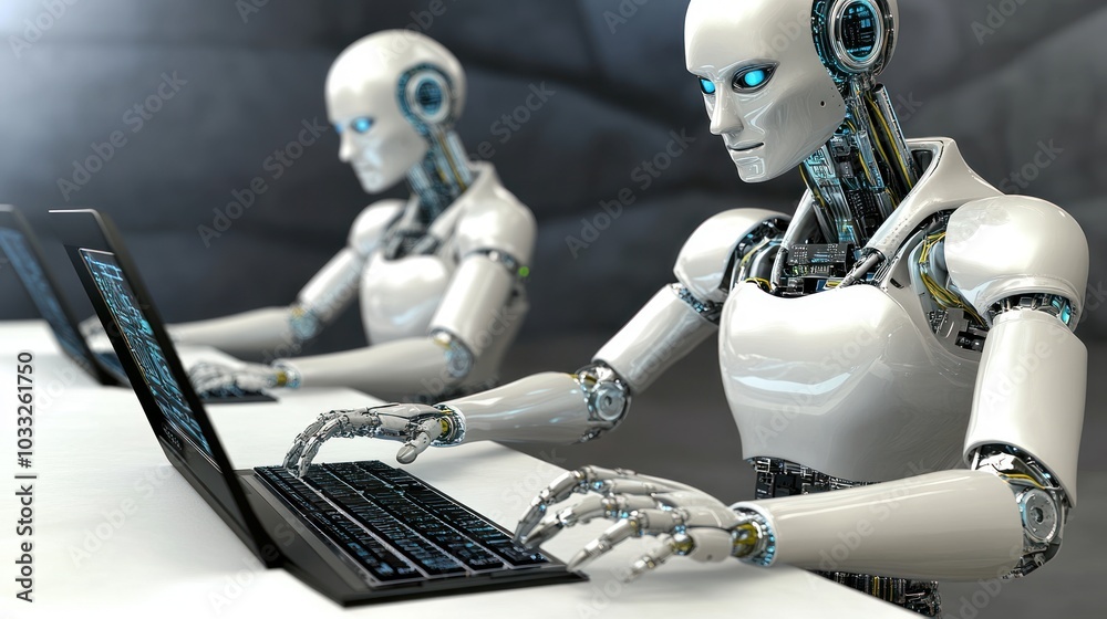Fototapete two humanoid robots using laptops in a workspace