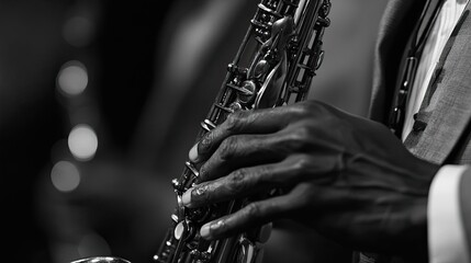 Obraz premium Close-up of a Saxophonist's Hand Playing a Saxophone