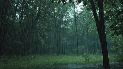 Obraz premium A lush green forest with tall trees, a path, and a clearing in the middle. The trees are dense and the light is dim, creating a sense of mystery and peace.