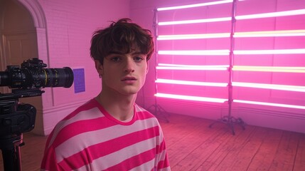 Young Man Posing in a Pink and White Striped Sweater Under Pink Neon Lights