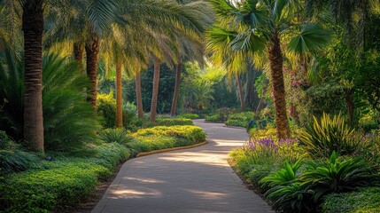 Obraz premium A winding pathway through a lush tropical garden with palm trees, lush green foliage, and sunlight filtering through the canopy.