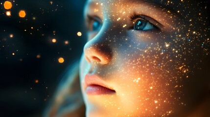 A Close-Up of a Girl's Face Covered in Golden Glitter with Bokeh Lights in the Background
