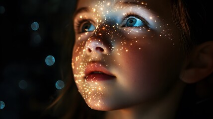Close-up of a young girl's face illuminated by twinkling lights.