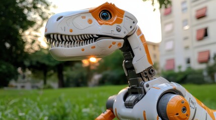 Robotic Dinosaur Toy Close up with Orange Accents and Mechanical Design