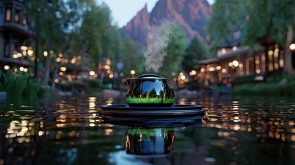 Obraz premium Steaming Kettle Floating on Water in a Cozy Town Setting