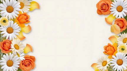 Obraz premium floral themed decorative border design featuring a beige background with an ornate, intricate pattern along the edges, includes clusters of vibrant orange roses and white daisies with yellow centers