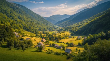 Obraz premium A picturesque valley nestled between rolling green hills, with quaint houses scattered throughout the lush meadow. 