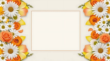 Fototapeta premium floral themed decorative border design featuring a beige background with an ornate, intricate pattern along the edges, includes clusters of vibrant orange roses and white daisies with yellow centers