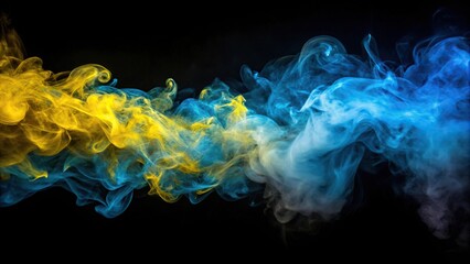 Obraz premium Blue and yellow smoke texture on black background, abstract art