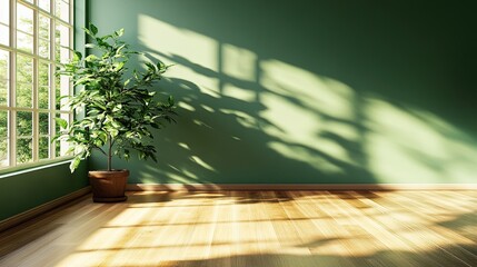 Mid-Century Modern living room, Empty green wall mockup have wooden floor and green plant with bright sunlight shining through