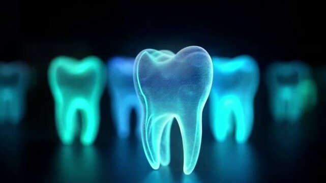 Technology and medical concept. Seamless loop video. Closeup clean tooth rotation dental health on treatment background with cleaning teeth. Health care stomatology