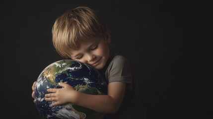 A young child hugging a planet earth model. Protecting environment