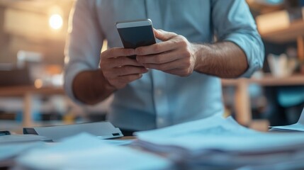 Man Using Smartphone at Desk with Documents
