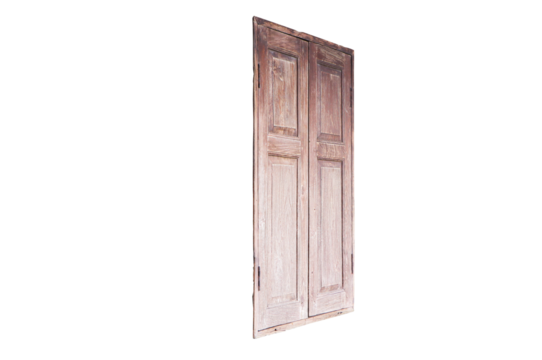 Old wooden window of an ancient isolated on cut out PNG or transparent background. Looks mysterious and scary at night. Thai house Vintage. Exterior of wooden window frame in abandoned old hut.