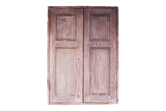 Old wooden window of an ancient isolated on cut out PNG or transparent background. Thai house Vintage. Exterior of wooden window frame without glass in abandoned. Looks mysterious and scary at night.