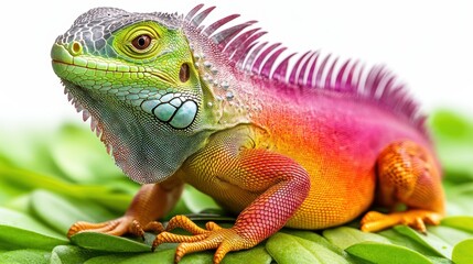 Naklejka premium Colorful iguana on green leaves.