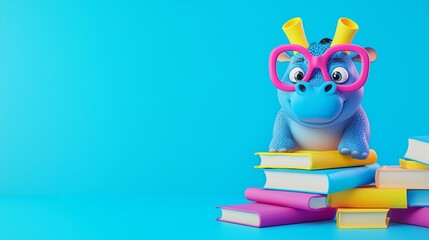 A snarky baby hippo standing on a pile of books, oversized glasses, vibrant 3D illustration, classroom background